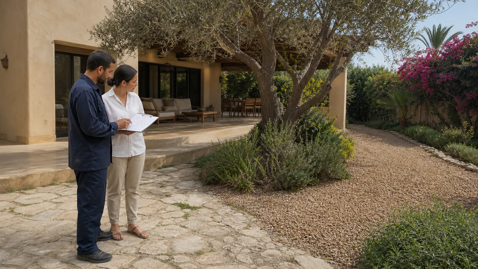 Technicien et propriétaire examinant un plan dans le jardin d’une villa marocaine