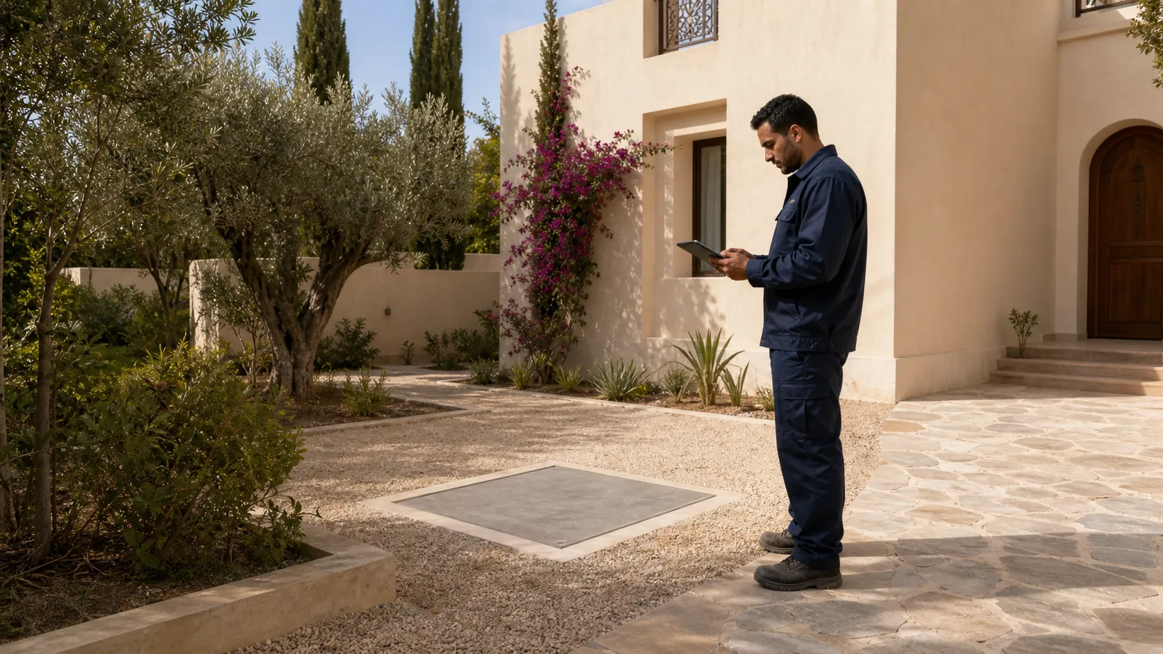 Technicien consultant une tablette près d’un accès technique fermé dans le jardin d’une villa marocaine